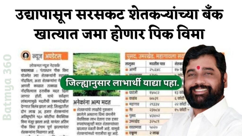 उद्यापासून शेतकऱ्यांच्या बँक खात्यात सरसकट पिक विमा जमा होणार ; Crop Insurance New Update